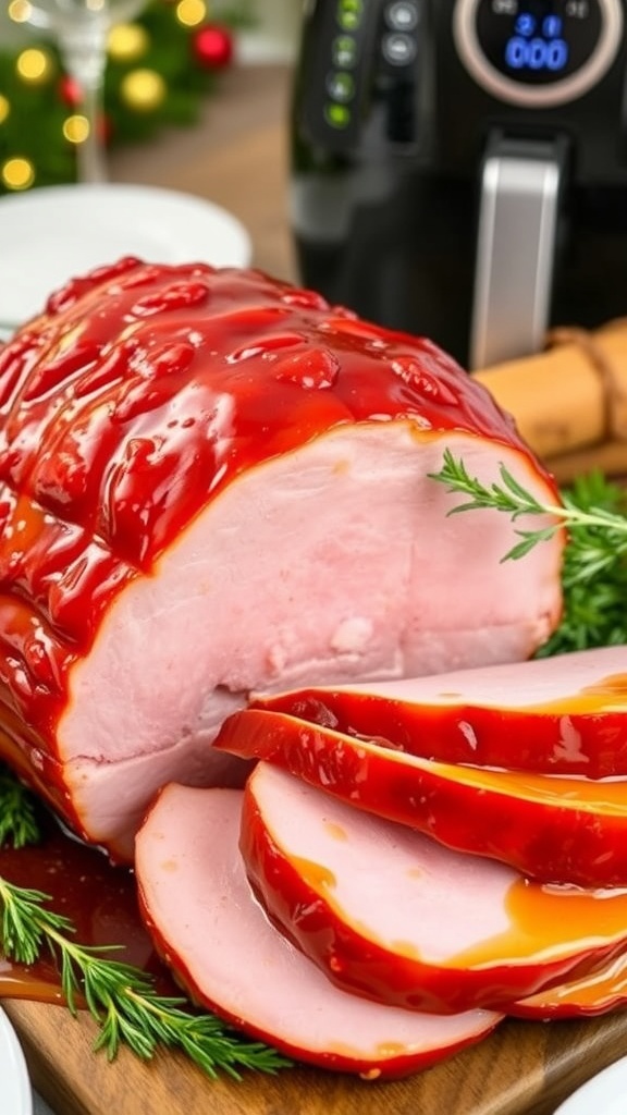 Sliced honey baked ham with a shiny glaze on a festive table.